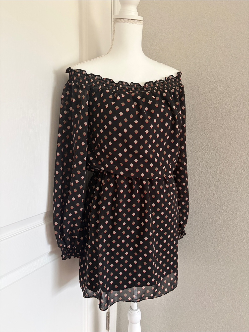 White House Black Market Black and Blush Polka Diamond Off-Shoulder Dress